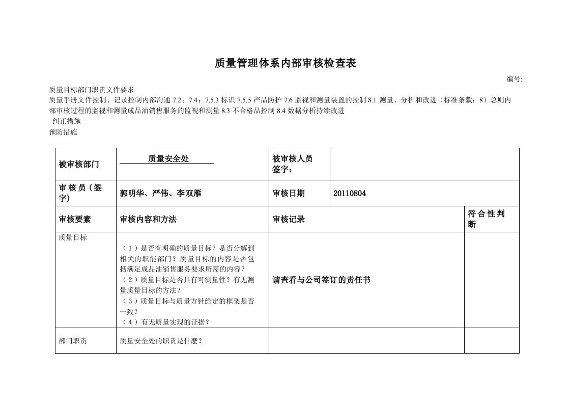 质量管理体系内部审核检查表汇编