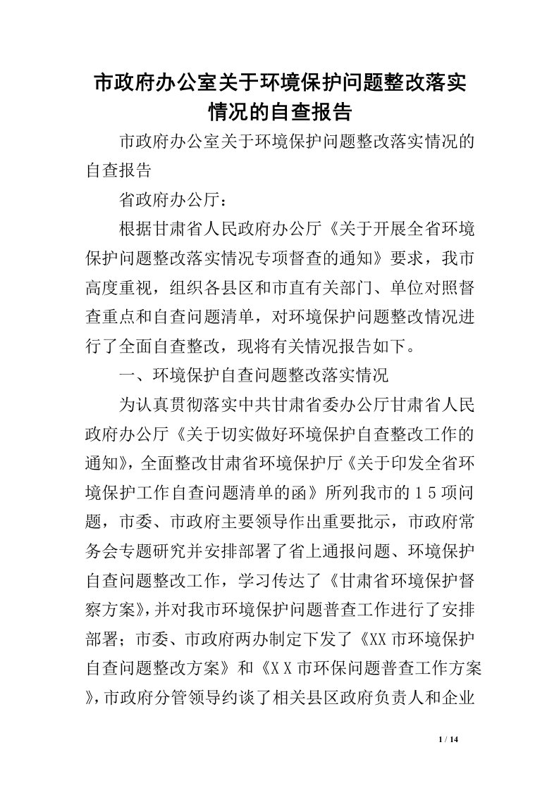 市政府办公室关于环境保护问题整改落实情况的自查报告.doc