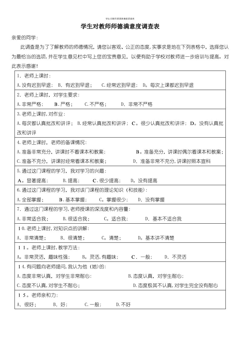 学生对教师授课满意度调查表