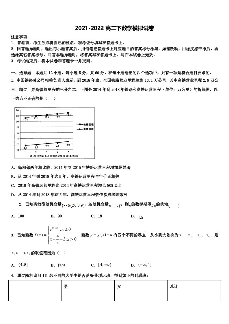 2021-2022学年江苏省南京市南京师范大学附属扬子中学高二数学第二学期期末教学质量检测试题含解析