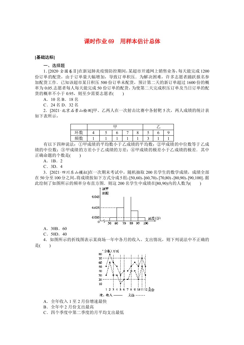 统考版2022届高考数学一轮复习第十一章11.4用样本估计总体课时作业理含解析20210426160