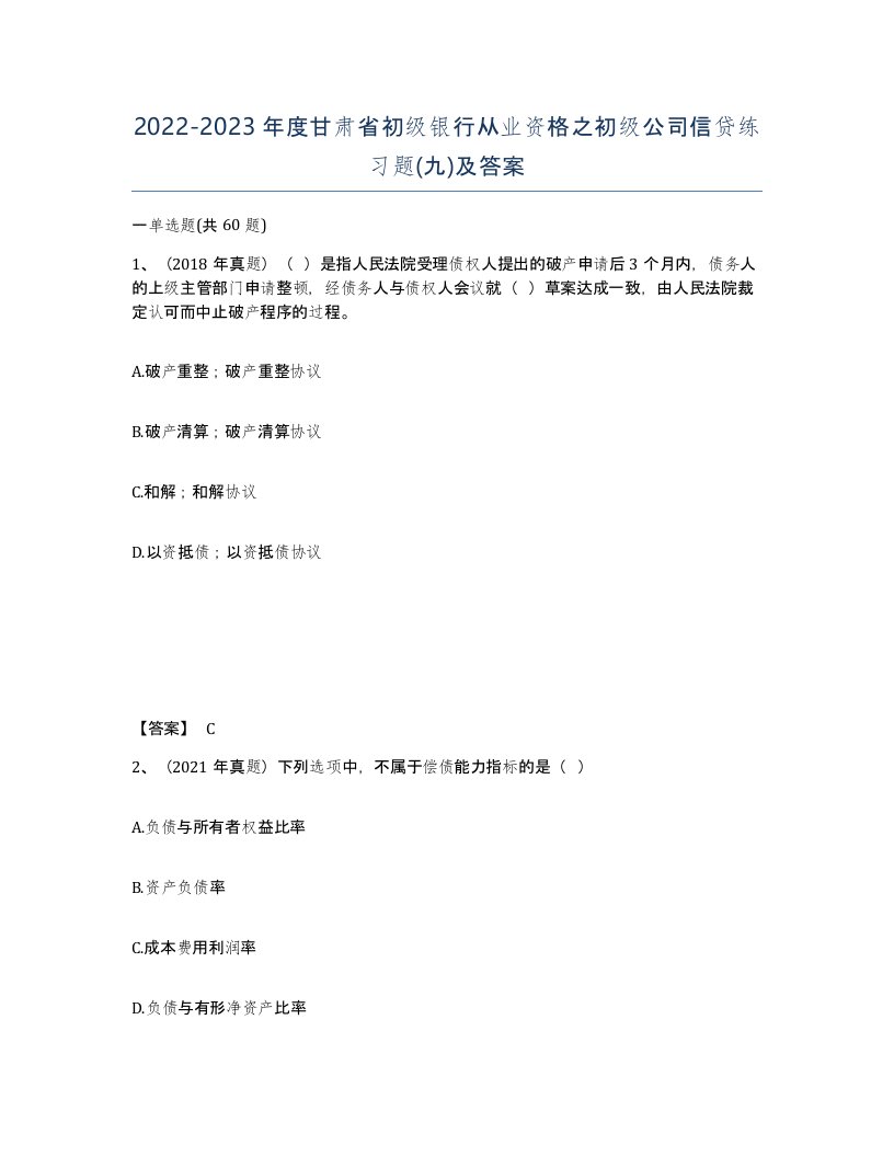 2022-2023年度甘肃省初级银行从业资格之初级公司信贷练习题九及答案