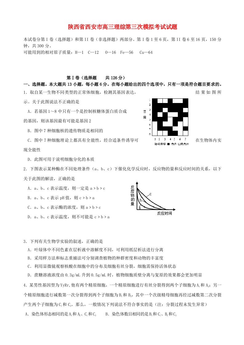 陕西省西安市高三理综第三次模拟考试试题