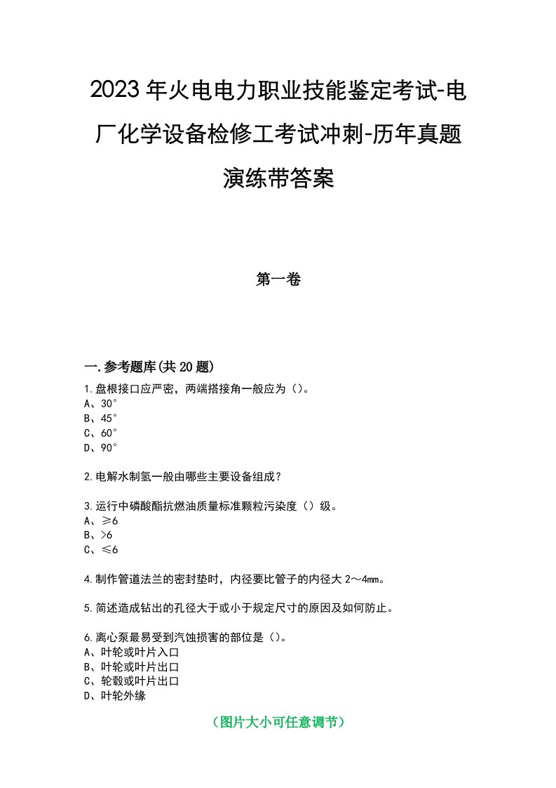 2023年火电电力职业技能鉴定考试-电厂化学设备检修工考试冲刺-历年真题演练带答案