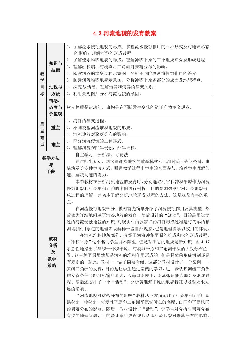 枣庄二中高一地理组胡中原4.3《河流地貌的发育》教案