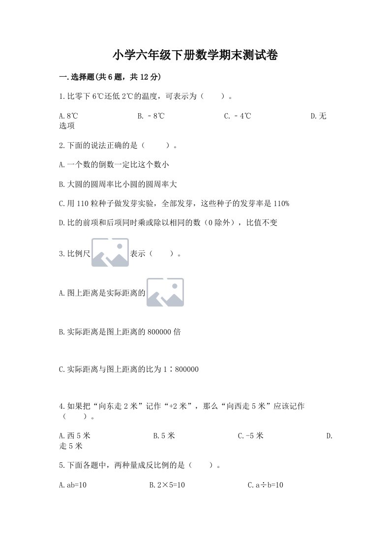 小学六年级下册数学期末测试卷及参考答案（能力提升）