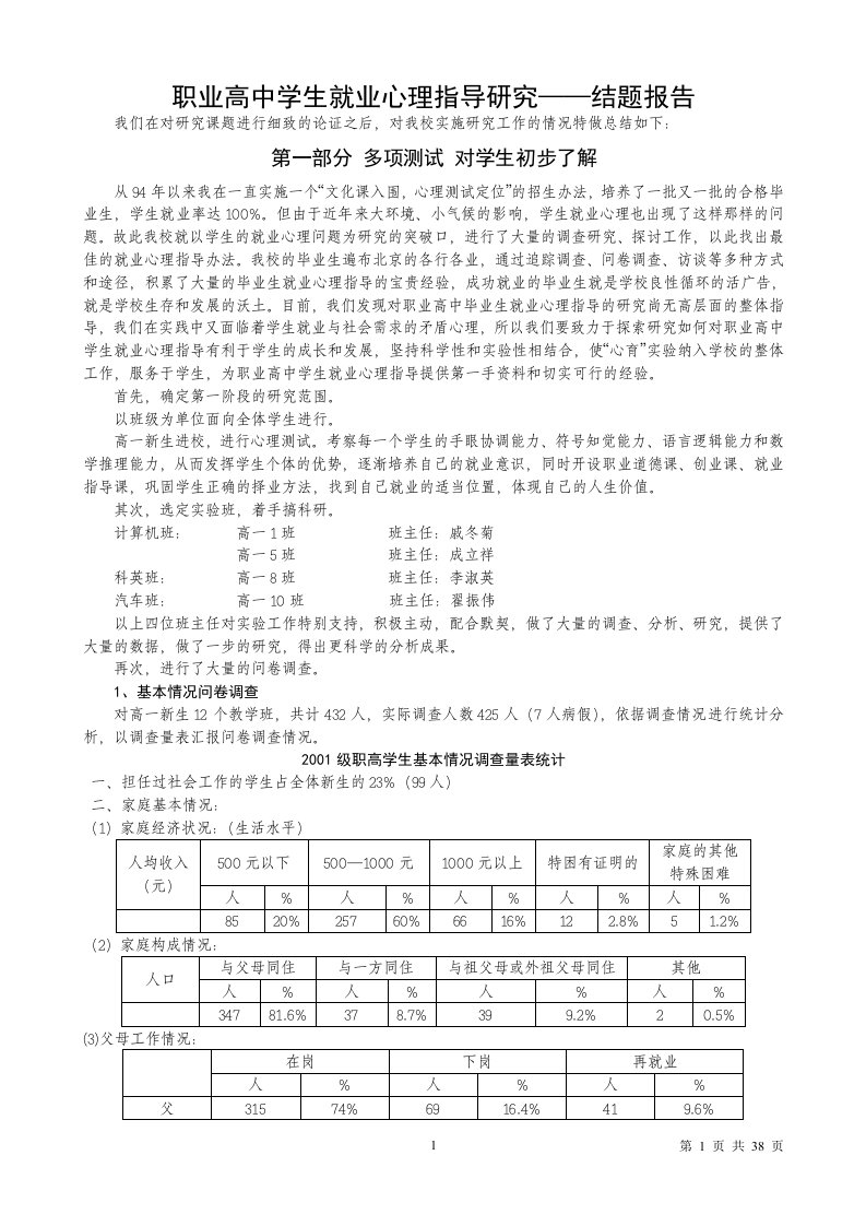 职业高中学生就业心理指导研究结题报告