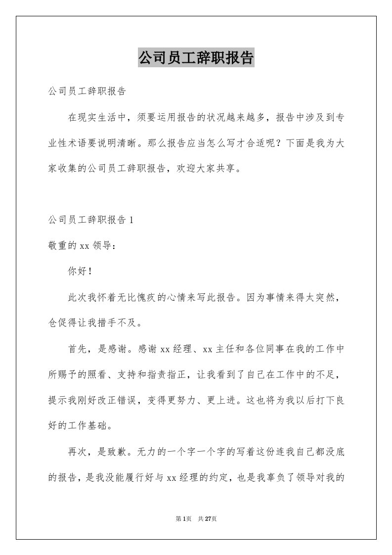 公司员工辞职报告范文7