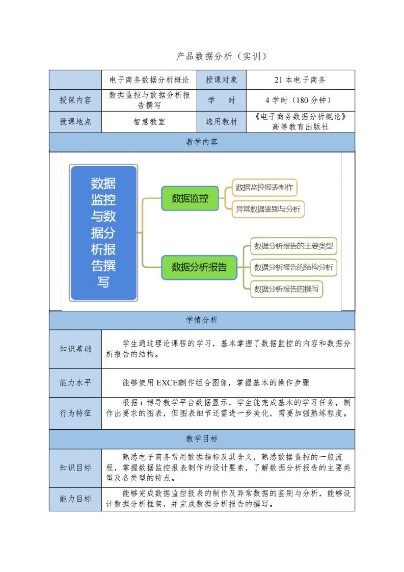 电子商务数据分析(中级)教案二十数据监控与数据分析报告撰写实训