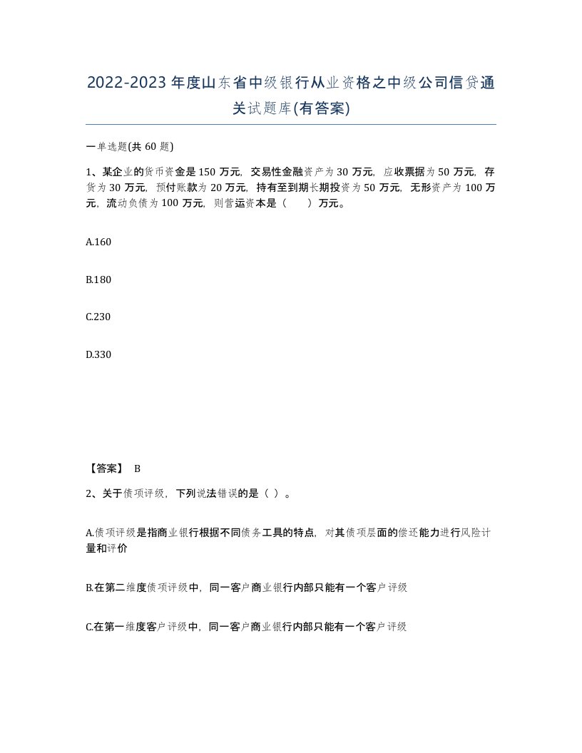 2022-2023年度山东省中级银行从业资格之中级公司信贷通关试题库有答案