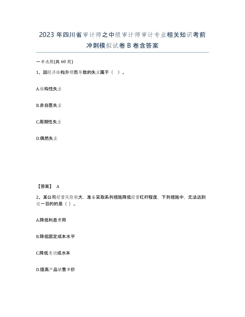 2023年四川省审计师之中级审计师审计专业相关知识考前冲刺模拟试卷B卷含答案