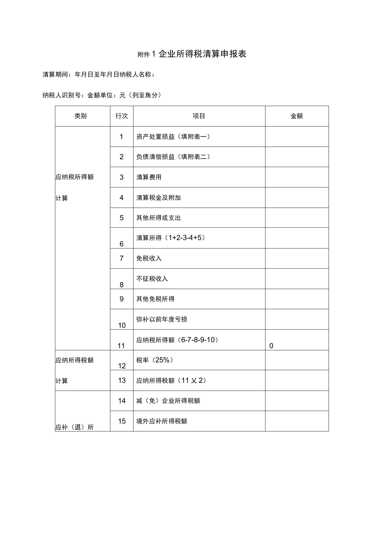 企业所得税清算申报表