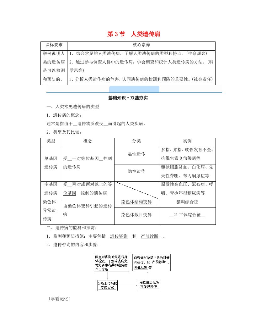 新教材2023年高中生物第5章基因突变及其他变异第3节人类遗传病学案新人教版必修2