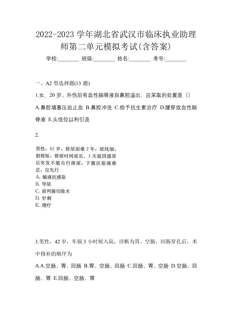 2022-2023学年湖北省武汉市临床执业助理师第二单元模拟考试含答案