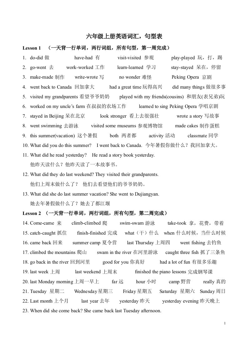 六年级上册英语词汇、句型表