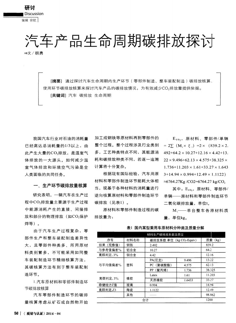 汽车产品生命周期碳排放探讨