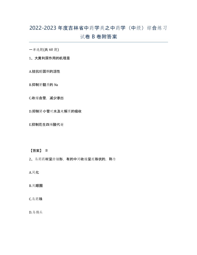 2022-2023年度吉林省中药学类之中药学中级综合练习试卷B卷附答案