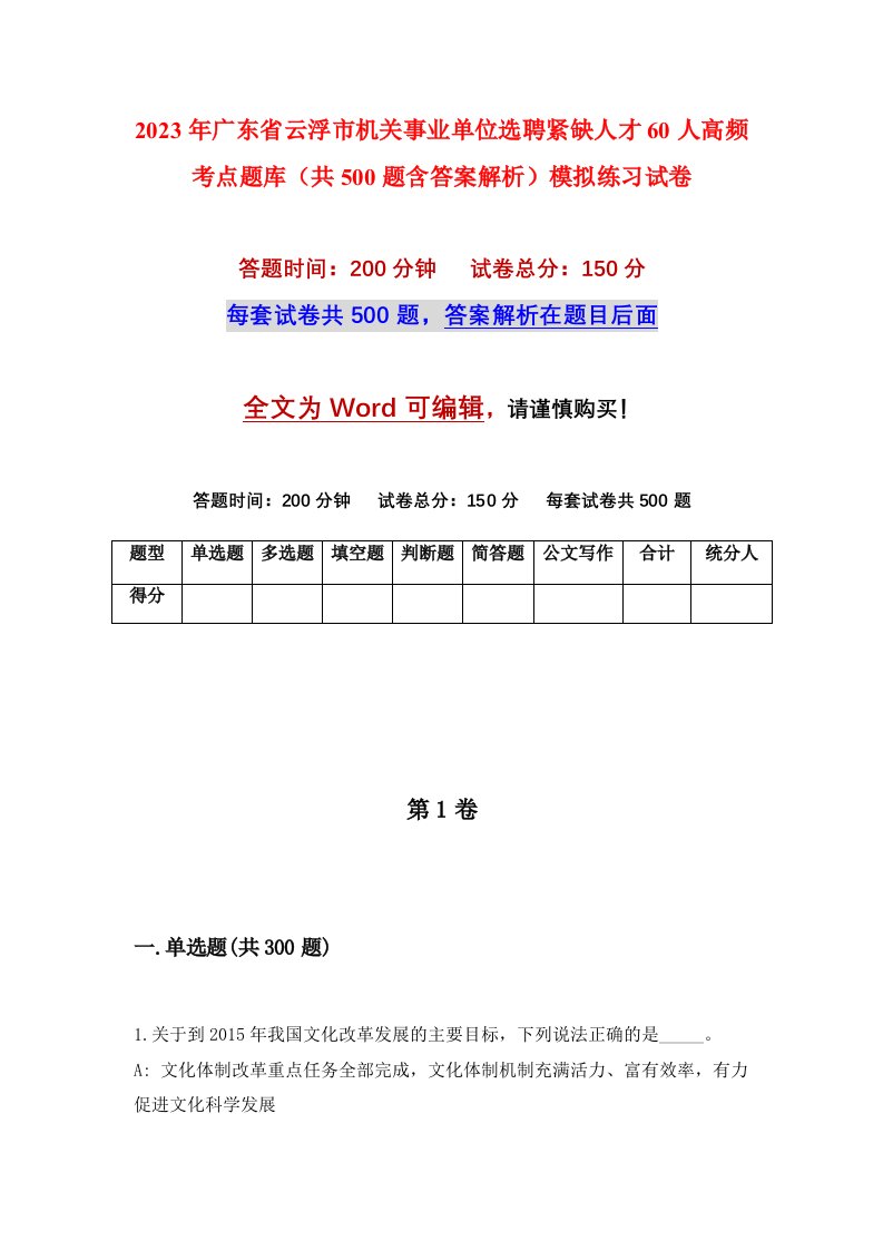 2023年广东省云浮市机关事业单位选聘紧缺人才60人高频考点题库共500题含答案解析模拟练习试卷