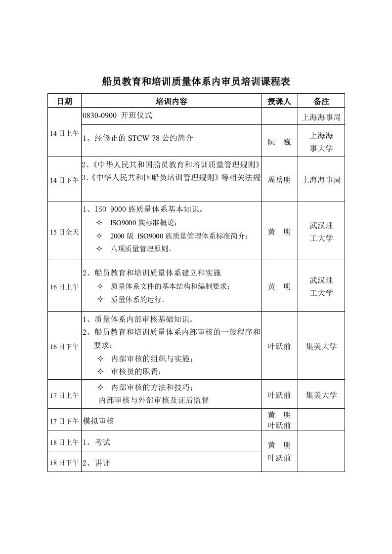 船员教育和培训质量体系内审员培训课程表