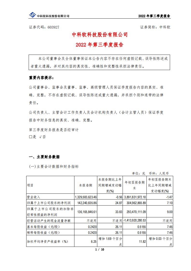 上交所-中科软2022年第三季度报告-20221027