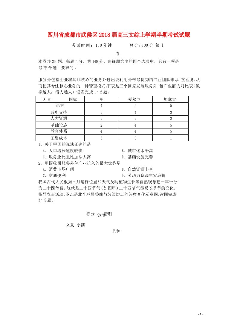 四川省成都市武侯区2018届高三文综上学期半期考试试题