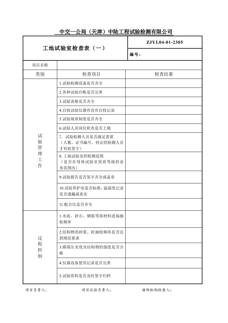 母体对工地试验室检查表格