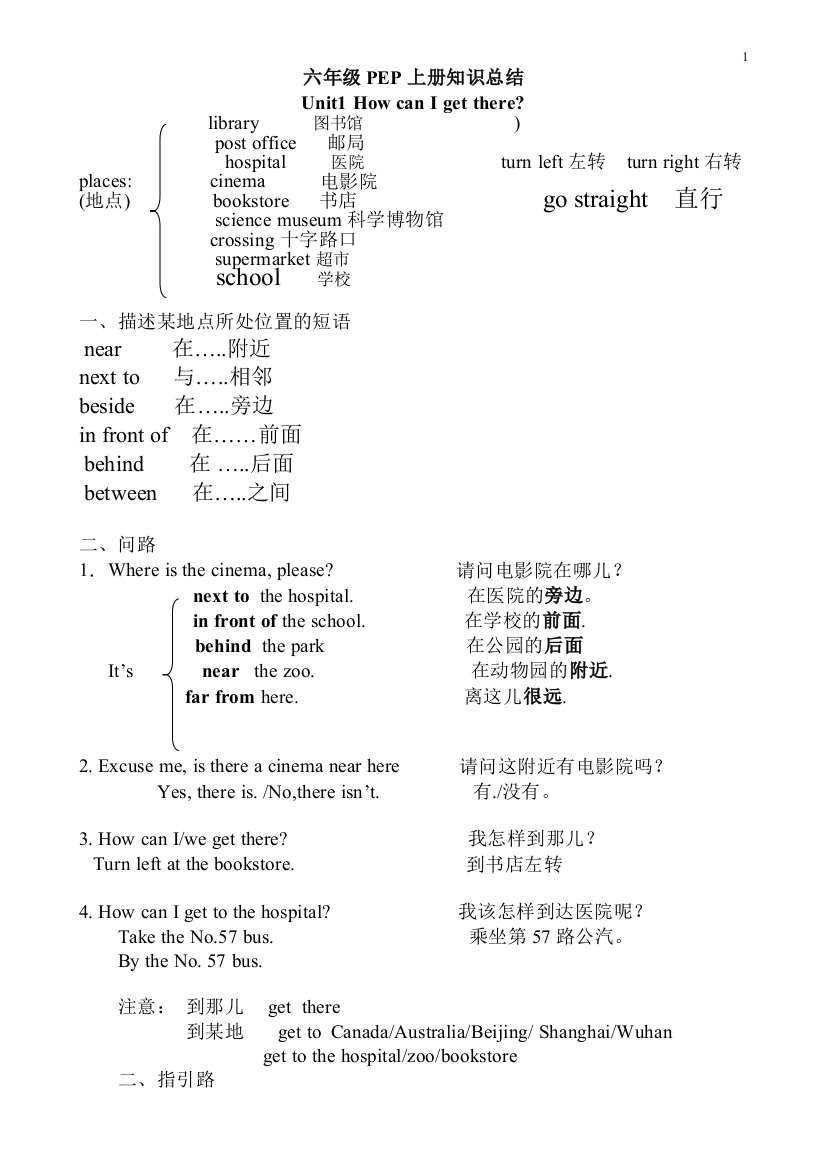 2014—2015新版PEP小学英语六年级上册1-6单元知识点总结