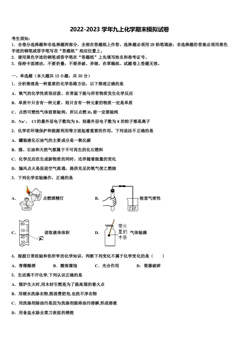 湖南长沙雅礼实验中学2022年化学九年级第一学期期末达标检测模拟试题含解析