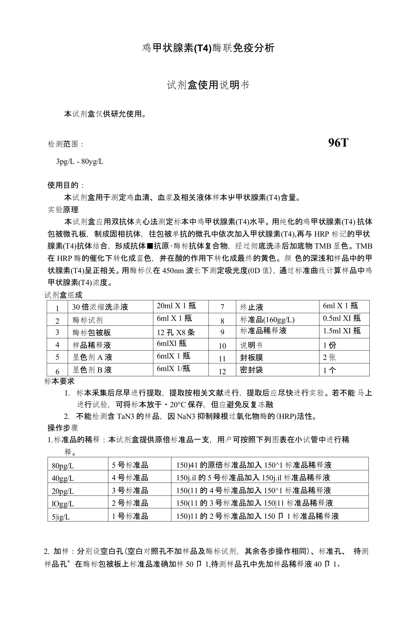 鸡甲状腺素（T4）酶联免疫分析