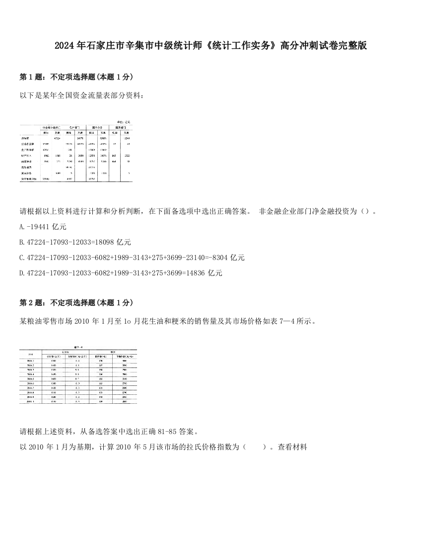 2024年石家庄市辛集市中级统计师《统计工作实务》高分冲刺试卷完整版