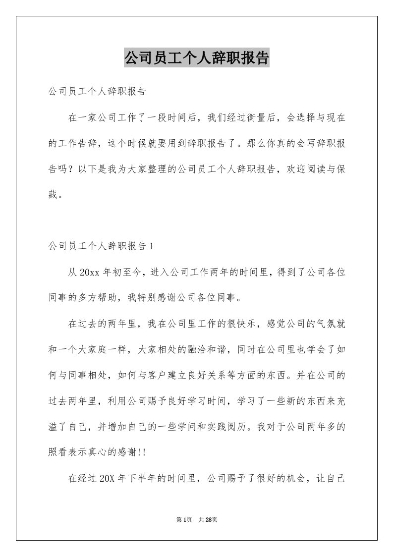 公司员工个人辞职报告例文0