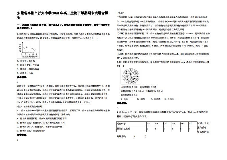 安徽省阜阳市行知中学2021年高三生物下学期期末试题含解析