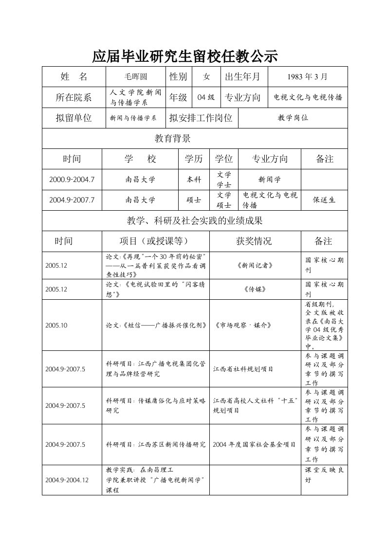 应届毕业研究生留校任教公示