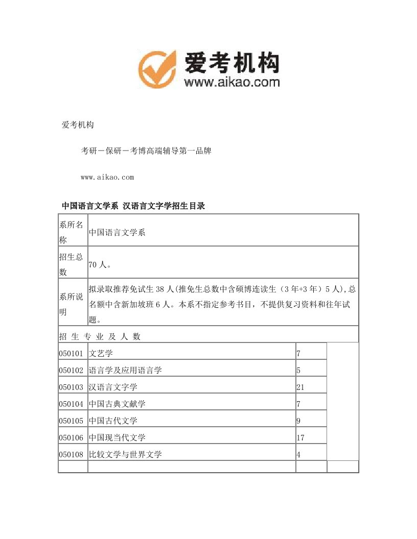 北京大学汉语言文字学考研+招生人数+参考书+报录比+复试分数线+考研真题+考研经验+招生简章+考研大纲