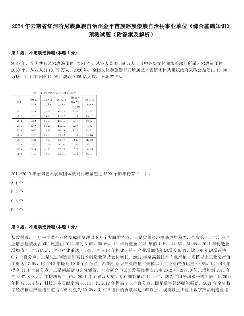 2024年云南省红河哈尼族彝族自治州金平苗族瑶族傣族自治县事业单位《综合基础知识》预测试题（附答案及解析）