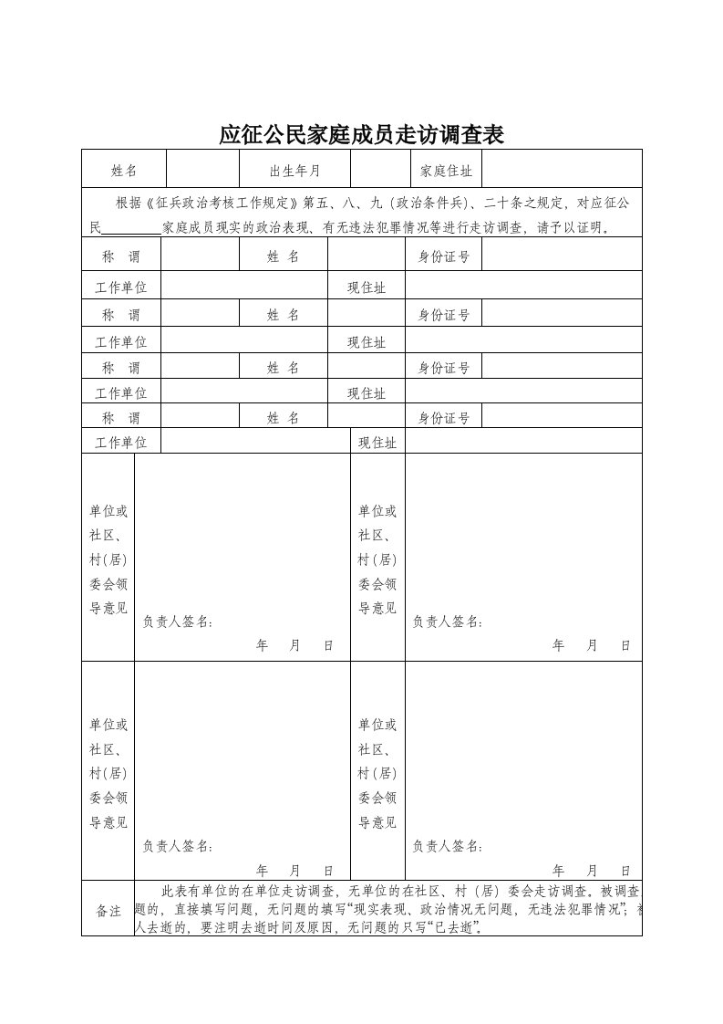 应征公民家庭成员走访调查表