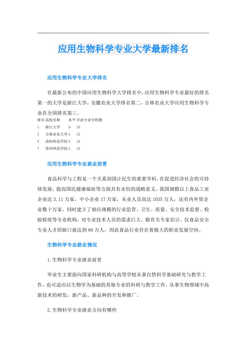 应用生物科学专业大学最新排名