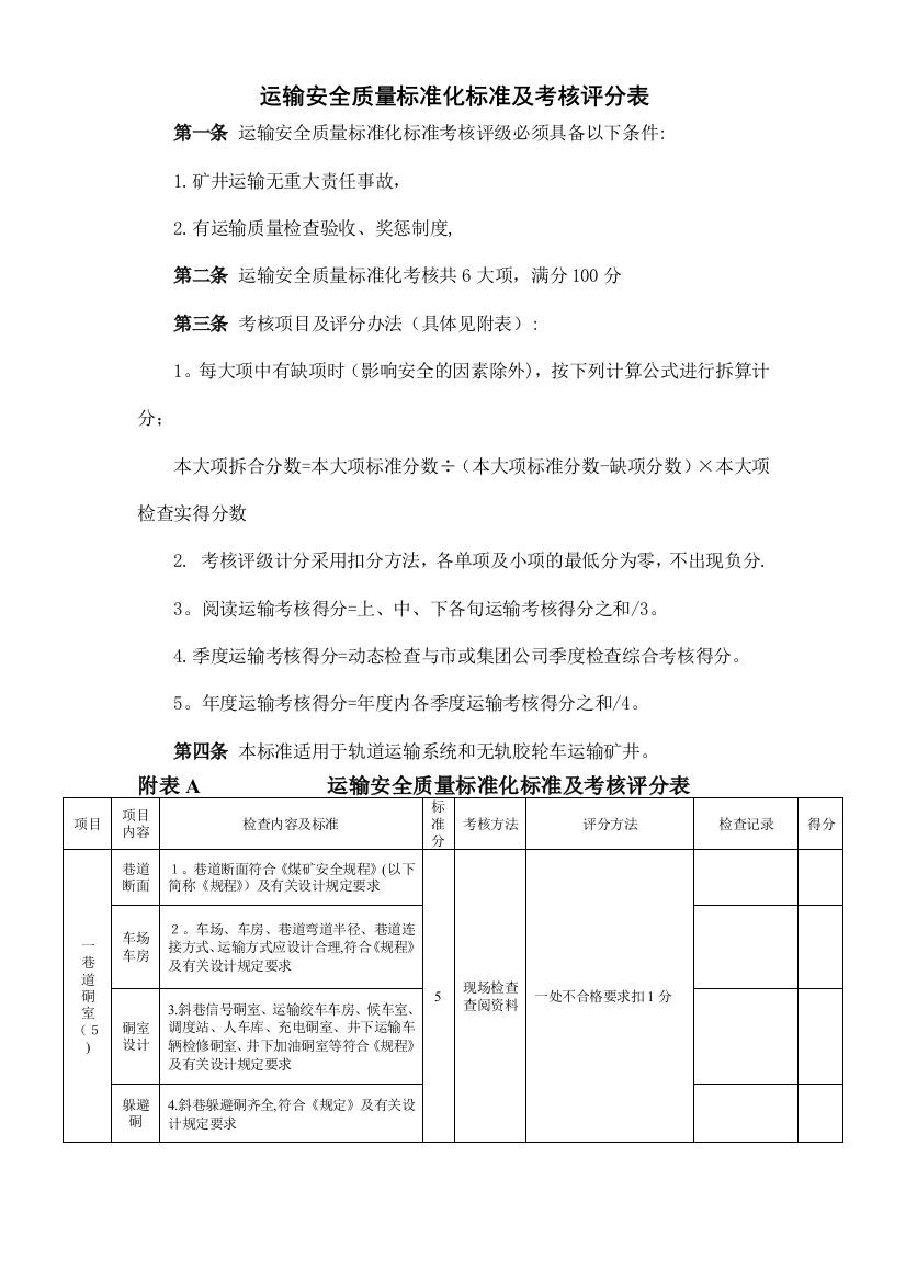 运输安全质量标准化标准及考核评分表