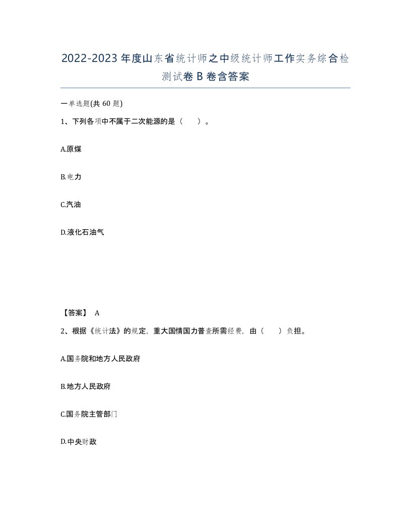 2022-2023年度山东省统计师之中级统计师工作实务综合检测试卷B卷含答案