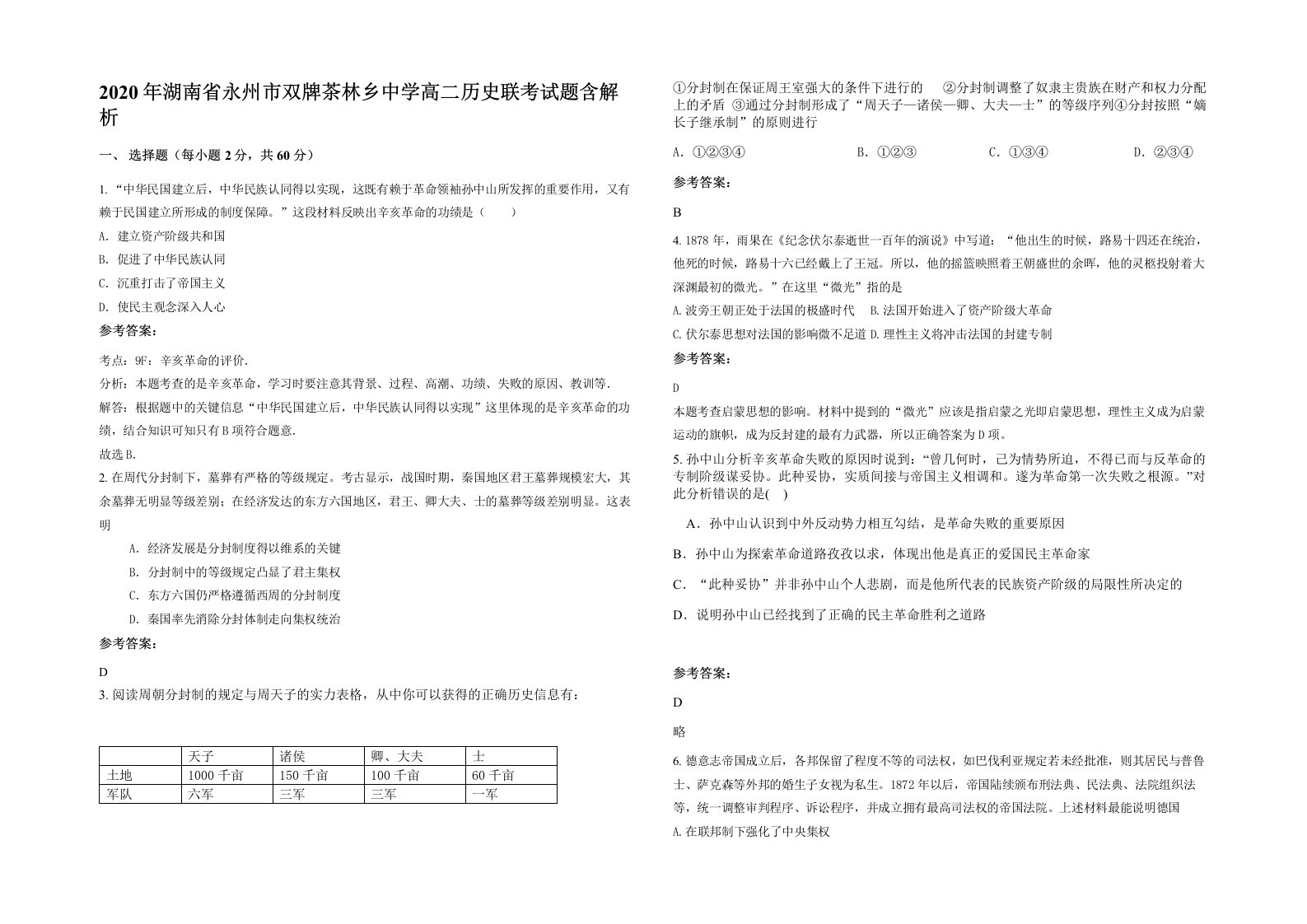 2020年湖南省永州市双牌茶林乡中学高二历史联考试题含解析