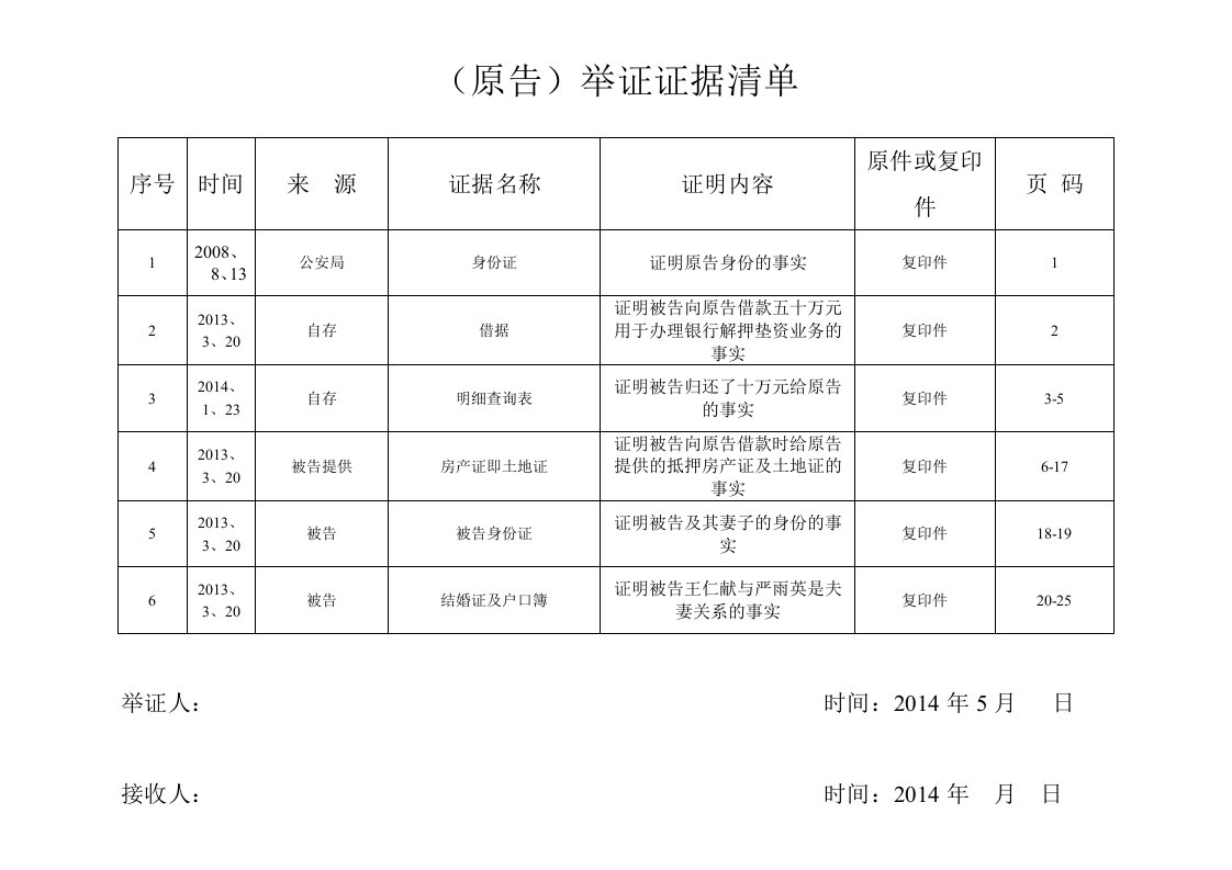 举证证据清单朱汝新