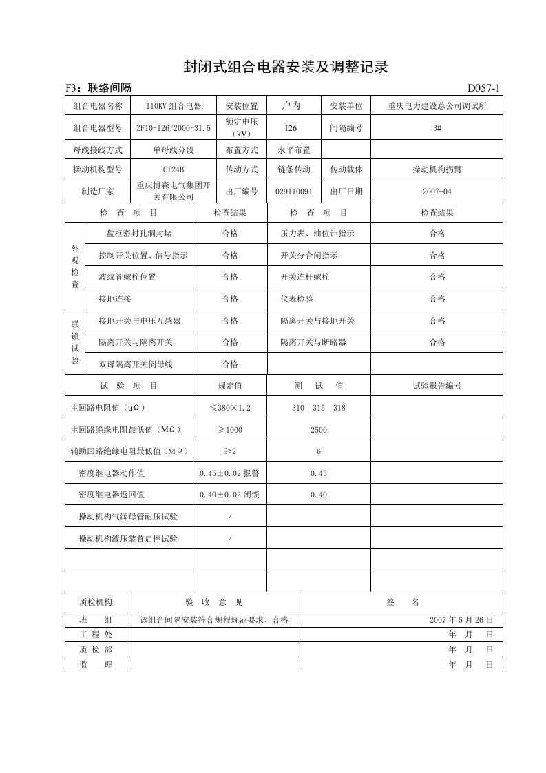 封闭式组合电器安装及调整记录