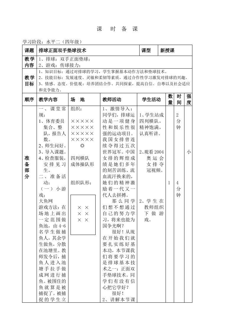 小学体育排球正面双手垫球教案