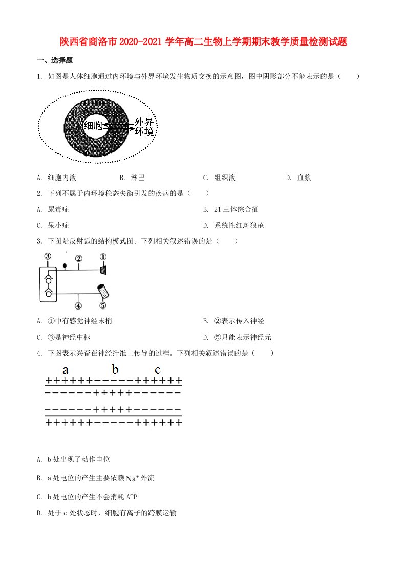 陕西省商洛市2020-2021学年高二生物上学期期末教学质量检测试题