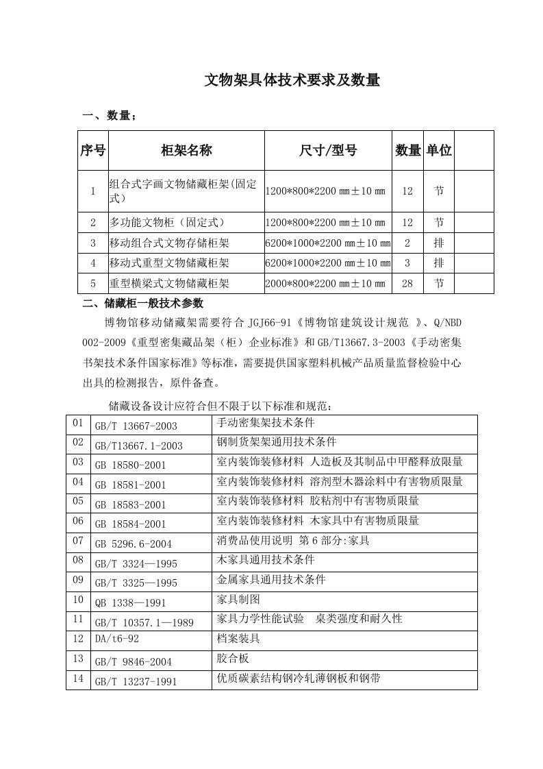 文物架具体技术要求及数量