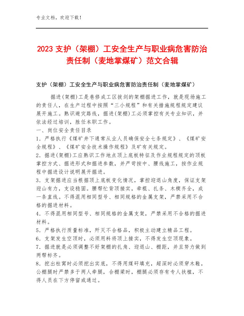 2023支护（架棚）工安全生产与职业病危害防治责任制（麦地掌煤矿）范文合辑