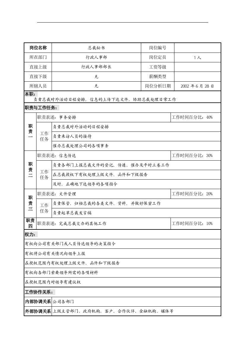 明达集团行政人事部总裁秘书职务说明书