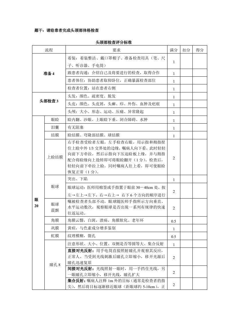 第二站头颈部检查评分标准