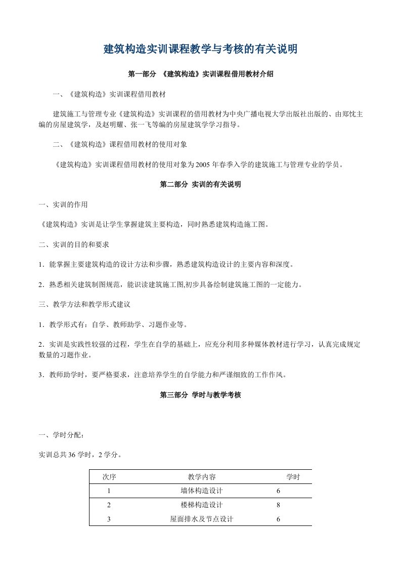 建筑构造实训课程教学与考核的有关说明