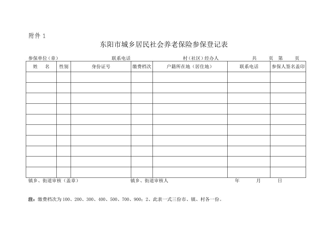 东阳市城乡居民社会养老保险参保登记表